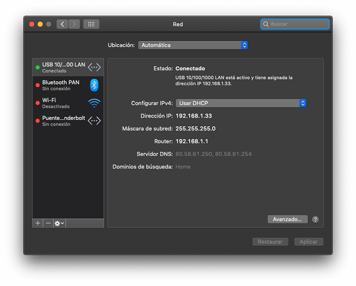 Selecciona conexión de red en Mac OSX Selecciona conexión de red en Mac OSX