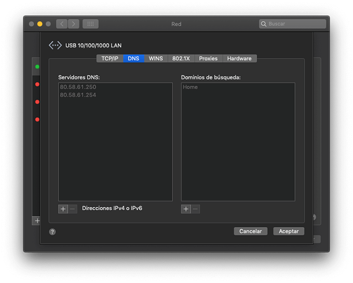 Selecciona la pestaña DNS en Mac OSX Selecciona la pestaña DNS en Mac OSX