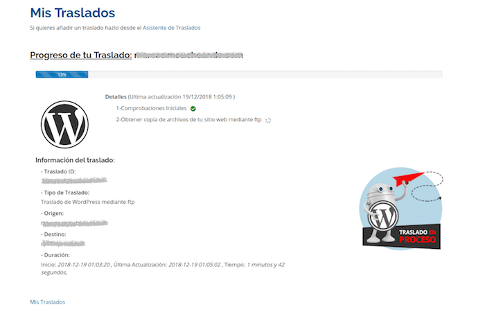 Pantalla con información sobre el traslado web Pantalla con información sobre el traslado web