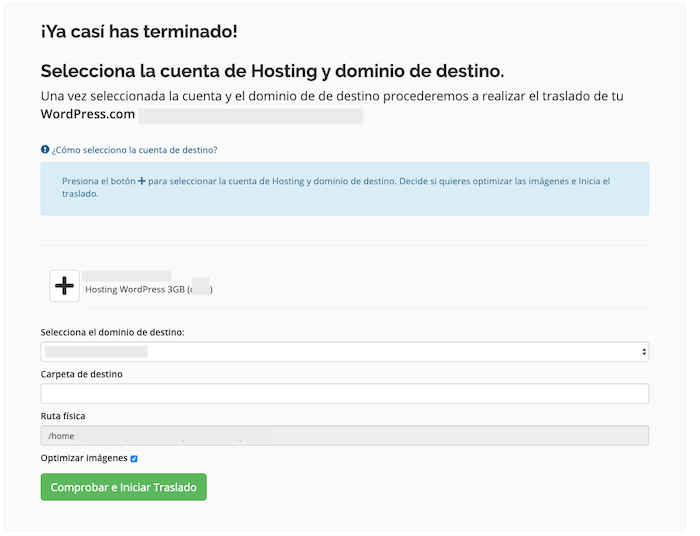 Selección de la cuenta de hosting y dominio de destino Selección de la cuenta de hosting y dominio de destino