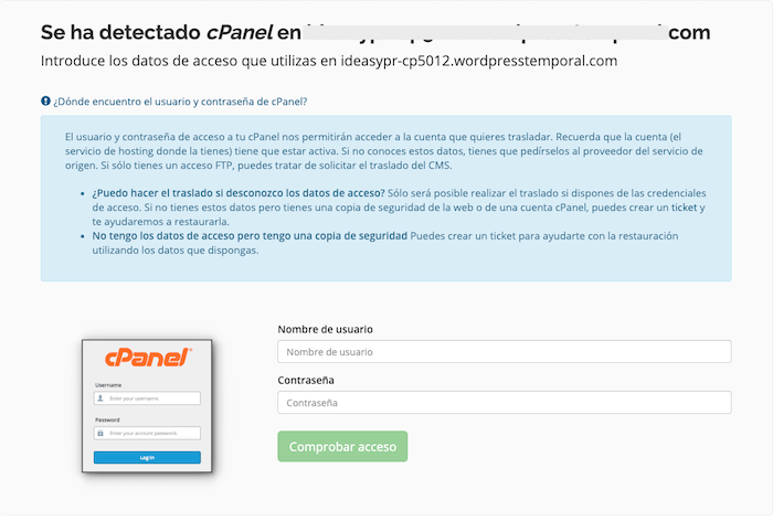 Opción de trasladar cPanel Opción de trasladar cPanel