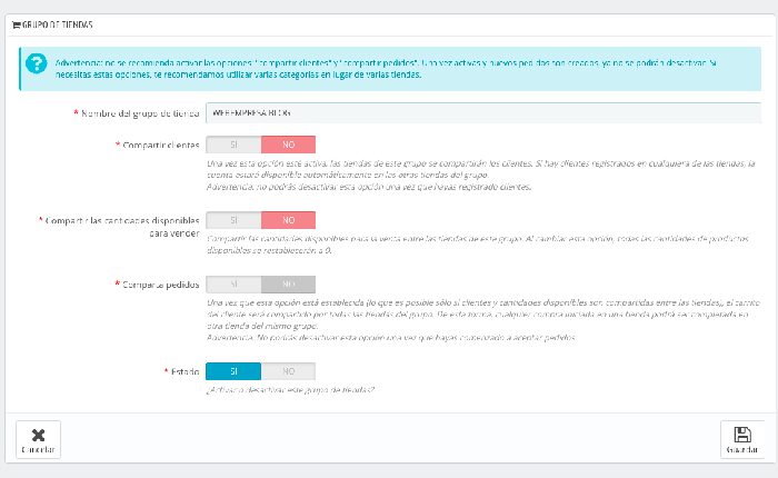 Configuración de apartados para añadir nuevo grupo de tienda en Prestashop Configuración de apartados para añadir nuevo grupo de tienda en Prestashop