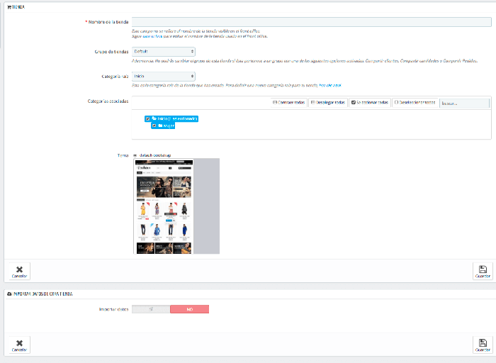 Sección tienda y sección de importar datos de otra tienda Sección tienda y sección de importar datos de otra tienda