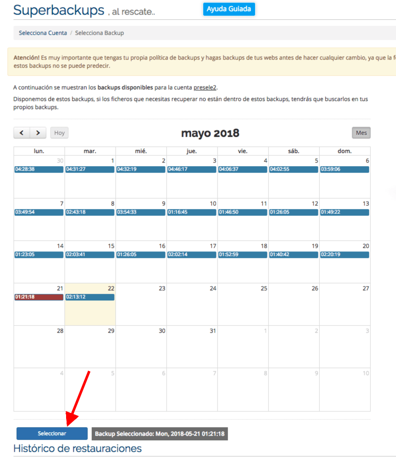 Seleccionar día para hacer backup Seleccionar día para hacer backup