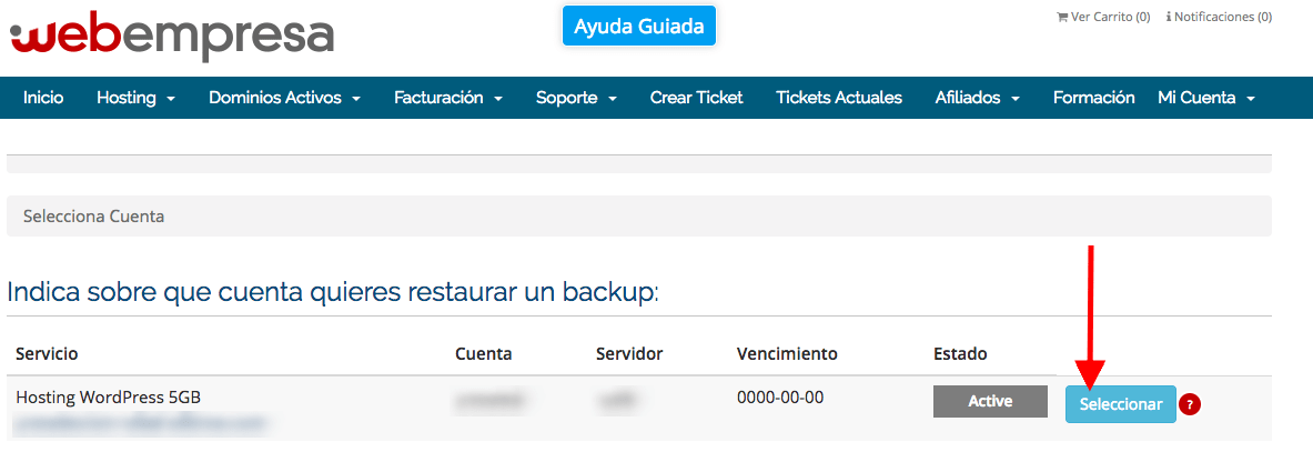 Seleccionar plan de hosting para hacer backup Seleccionar plan de hosting para hacer backup