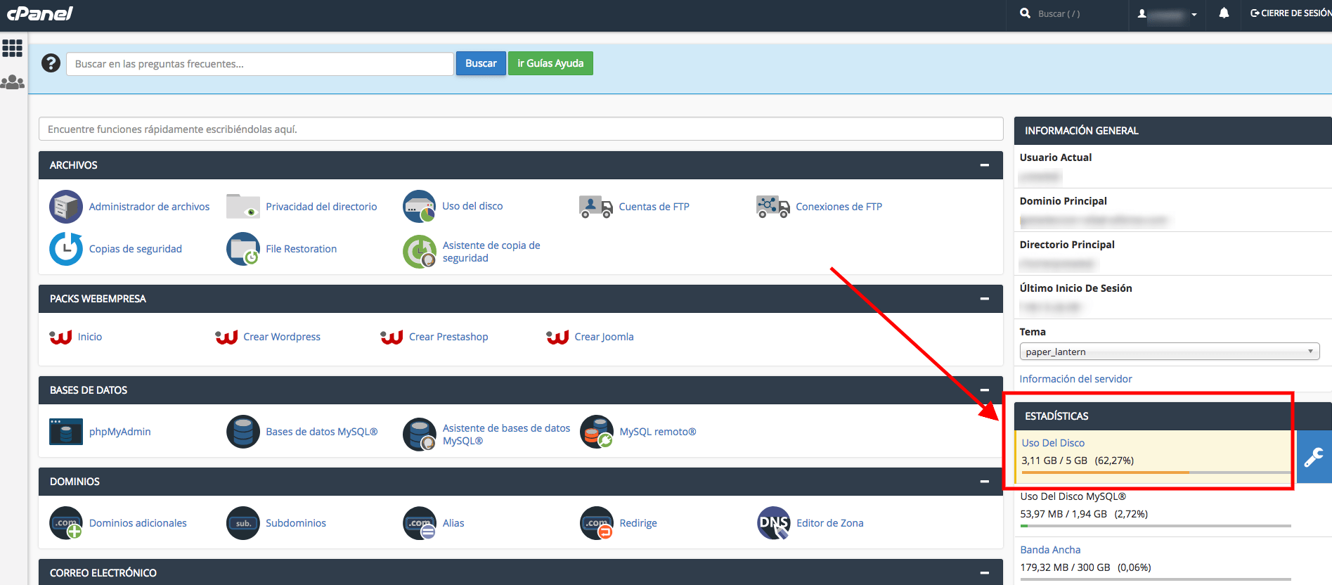 Uso en disco en cPanel Uso en disco en cPanel