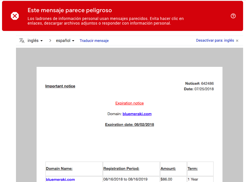 Cómo evitar el Spam en Email Marketing: ejemplo correo marcado como peligroso Cómo evitar el Spam en Email Marketing: ejemplo correo marcado como peligroso