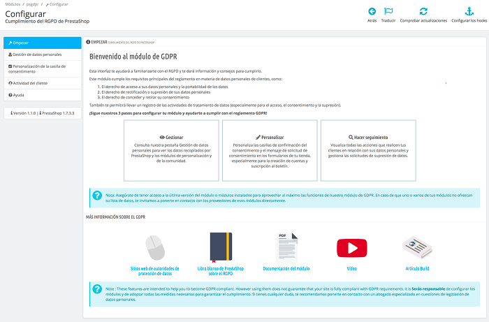 Pantalla general de configuración del módulo de RGPD Pantalla general de configuración del módulo de RGPD
