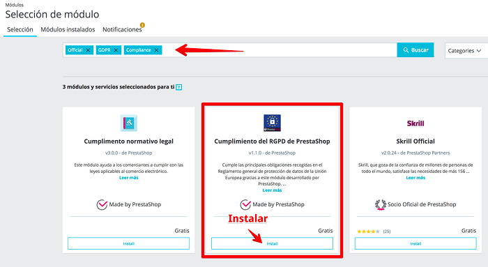 Instalar el módulo de RGPD Instalar el módulo de RGPD
