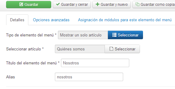 Configuración del 'Alias' de un elemento de menú en Joomla 3