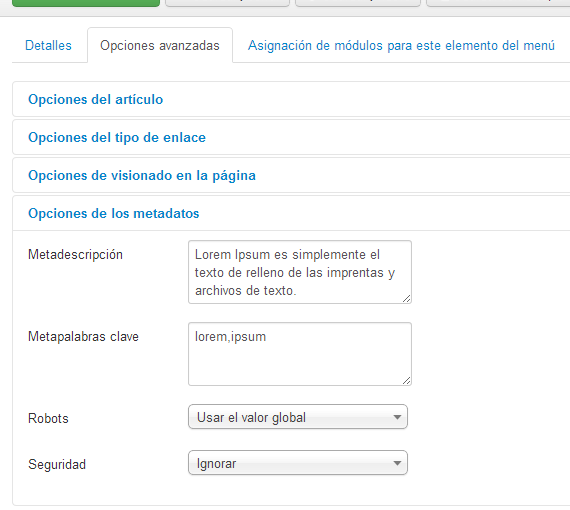 Configuración de los metadatos específicos para una página en el item de menú
