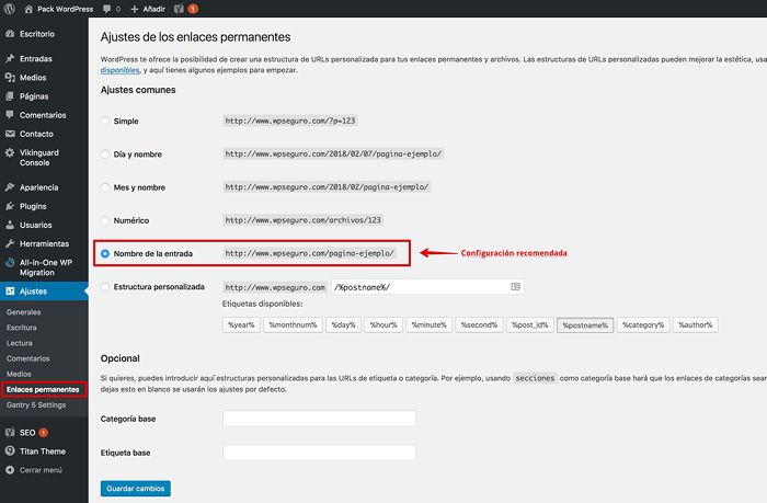 Enlaces Permanentes en el dashboard de WordPress Enlaces Permanentes en el dashboard de WordPress