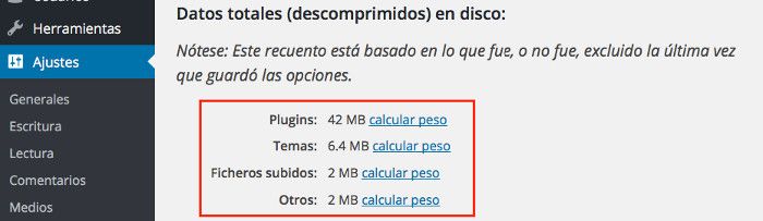Calcular el peso de la copia Copias de Seguridad de WordPress