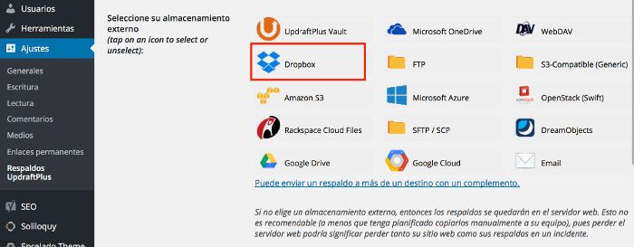 servicio externo de almacenamiento (CDN) Copias de Seguridad de WordPress