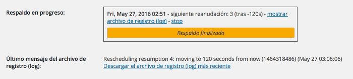 Copia concluida Copias de Seguridad de WordPress