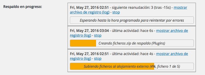 Progreso de la copia Copias de Seguridad de WordPress