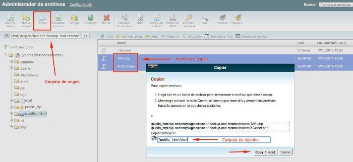 Copiar los archivos TAR.php y XCloner.php Duplicar una web WordPress