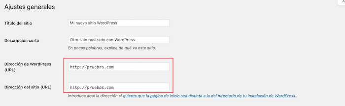 Opciones Dirección de WordPress y Dirección del sitio Opciones Dirección de WordPress y Dirección del sitio