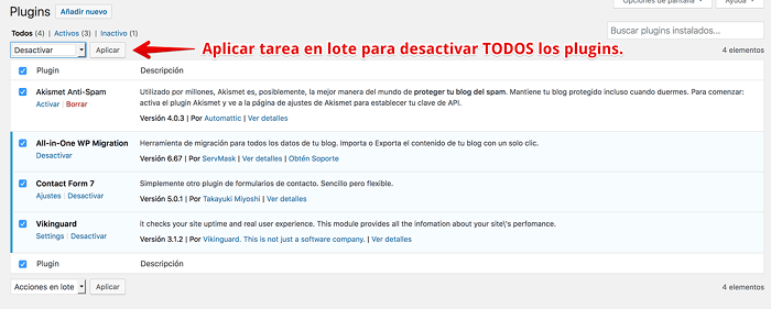 Desactivar todos los plugins Desactivar todos los plugins