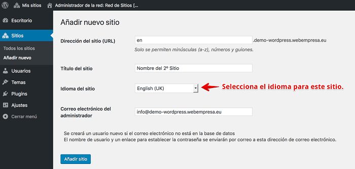 Configuración del nuevo sitio Configuración del nuevo sitio