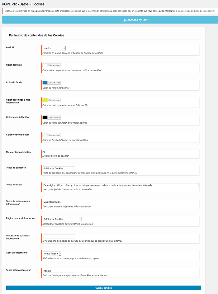 Configuracion banner Cookies plugin clickDatos RGPD Configuracion banner Cookies plugin clickDatos RGPD