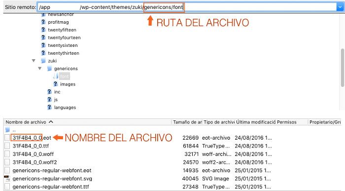 cambiar la tipografía de tu plantilla WordPress Ruta del archivo en Filezilla