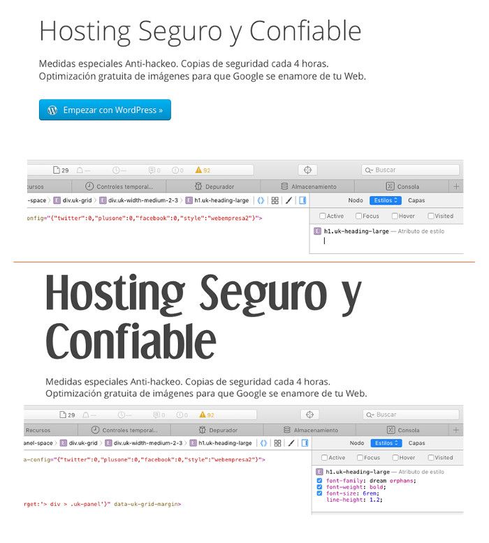 cambiar la tipografía de tu plantilla WordPress Resultado de los cambios con el Inspector de Código