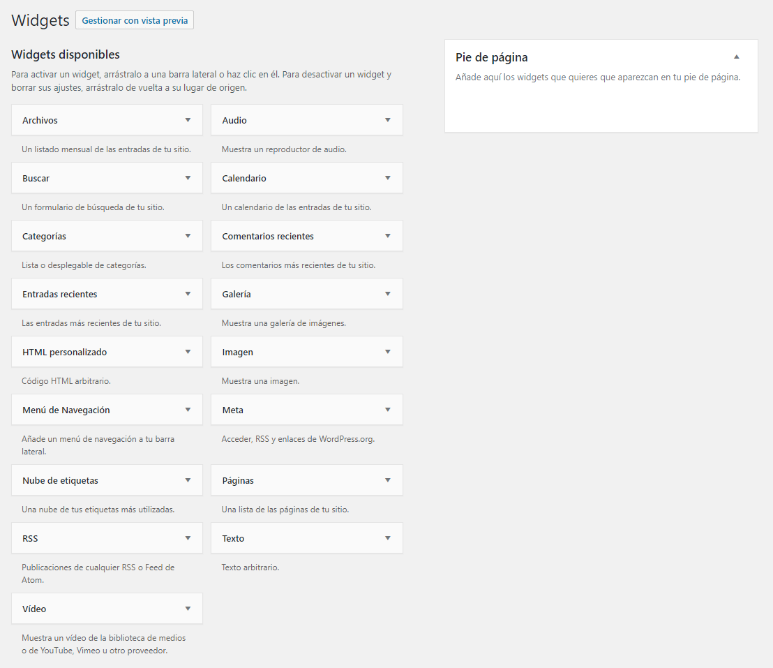 Gestión de widgets en WordPress Gestión de widgets en WordPress