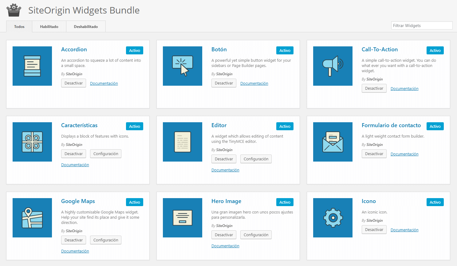 Configuración SiteOrigin Widgets Configuración SiteOrigin Widgets