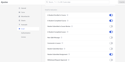 Captura Ajustes Email Tutor LMS PRO