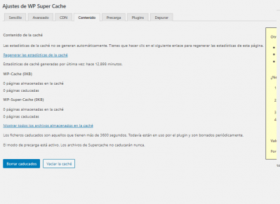 Pantalla WP Super Cache Contenido