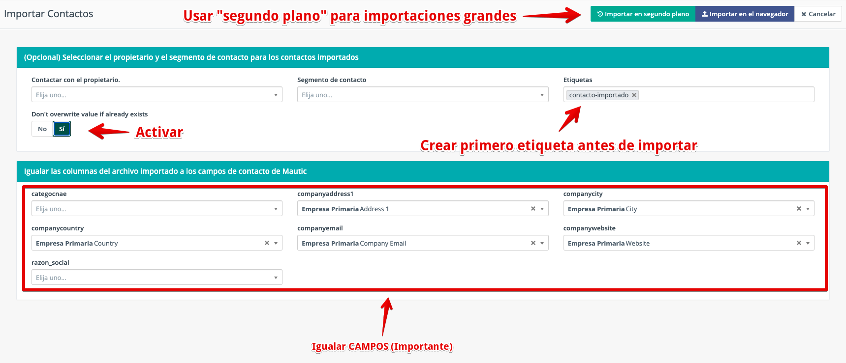 Igualar campos en la importación