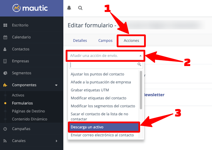 Añadir activo en Mautic formularios