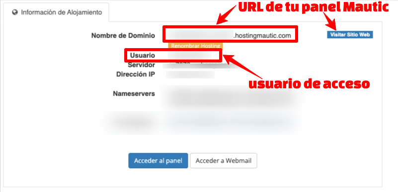 Datos para acceder a panel Mautic
