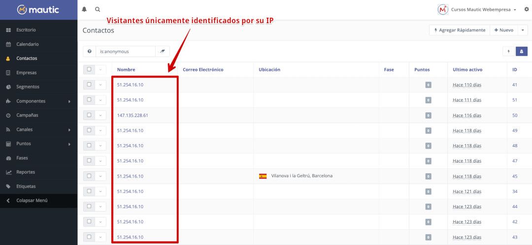 Tabla de visitantes anonimos en Mautic