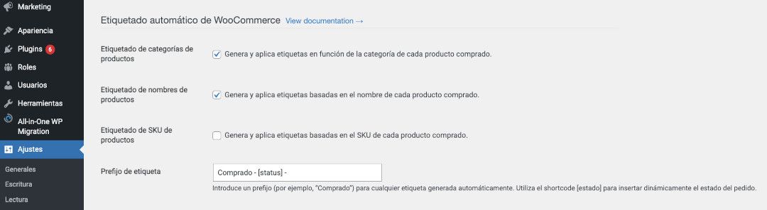 Configuraciones del etiquetado automático en WooCommerce