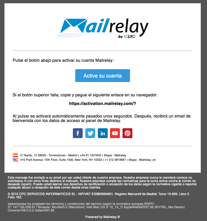 Mail confirmación MailRelay