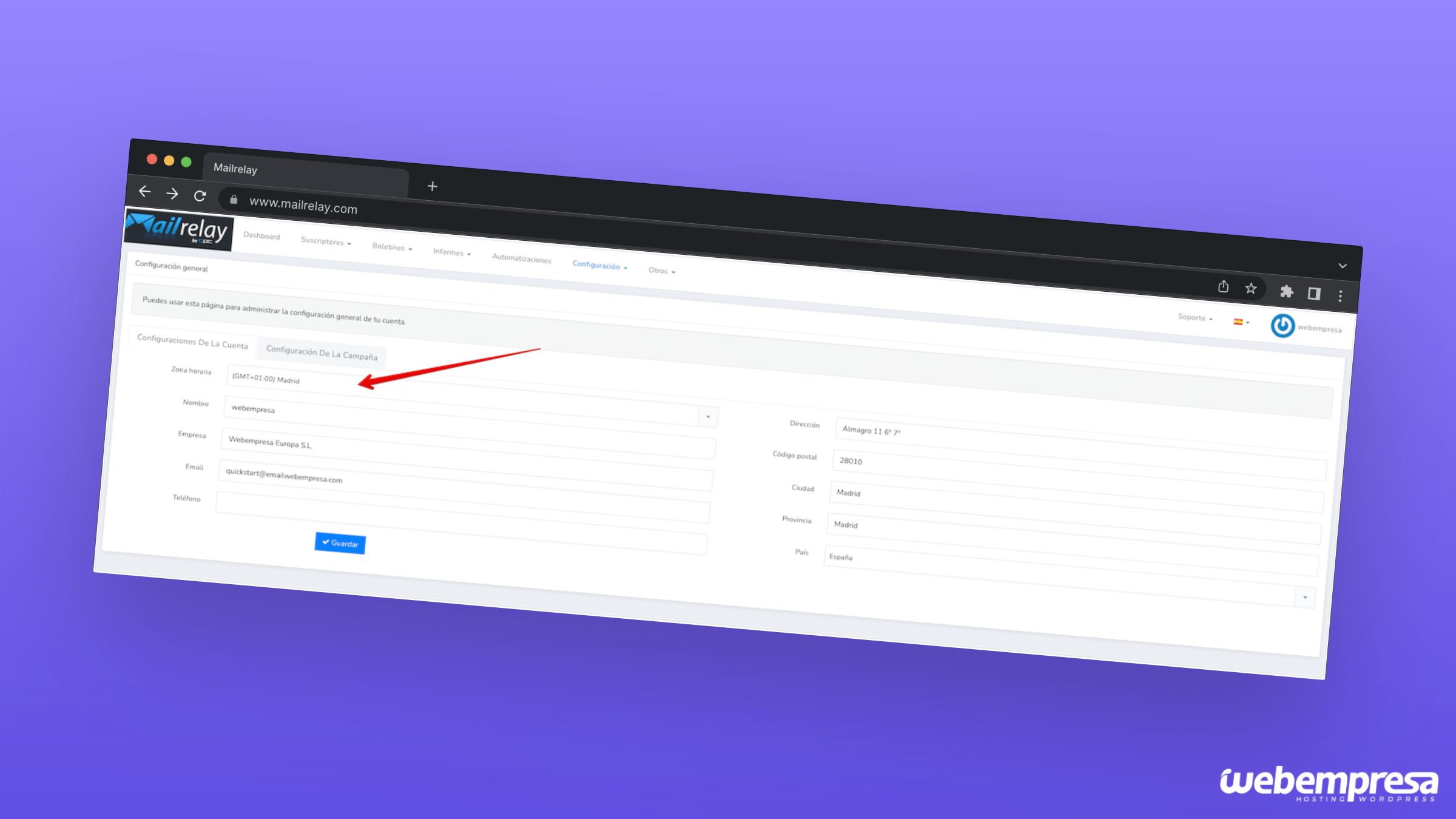 Configuración zona horaria MailRelay