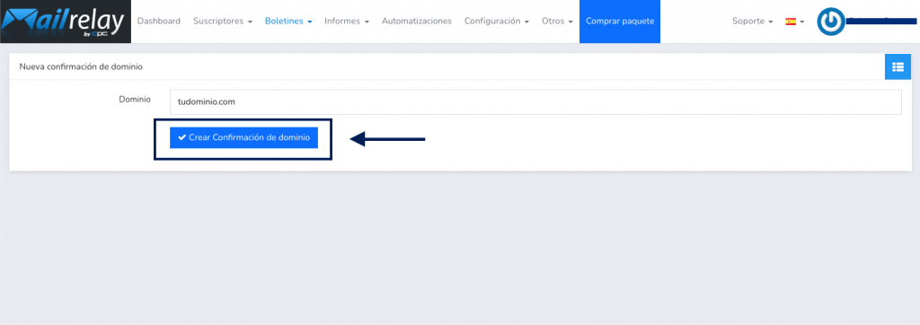 Escribir dominio a confirmar en MailRelay