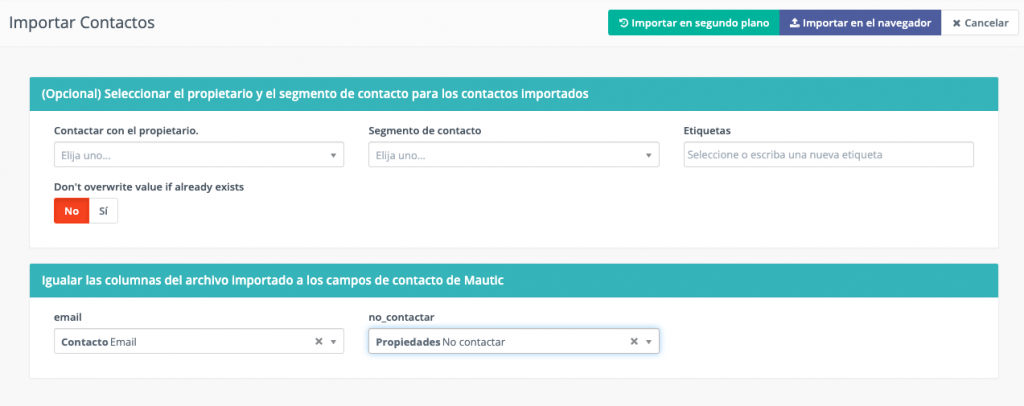 Igualar las columnas del archivo importado en Mautic