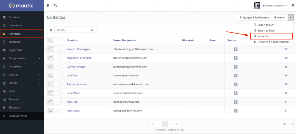 Importar contactos en Mautic