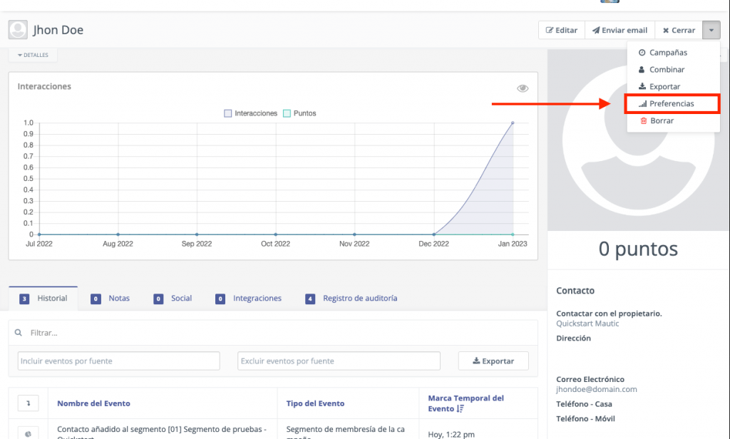 Preferencias del contacto en Mautic