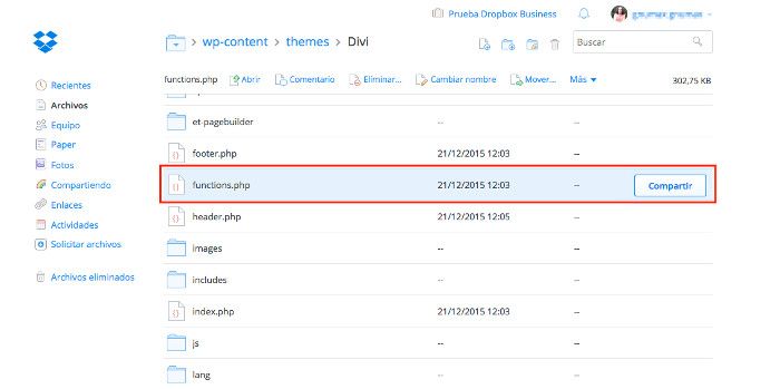 Recuperando una copia de functions.php desde Dropbox