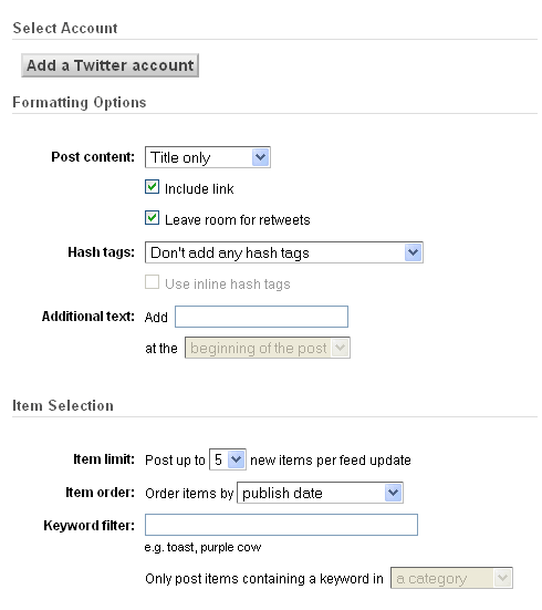 Opciones de envío a Twitter desde Feedburner