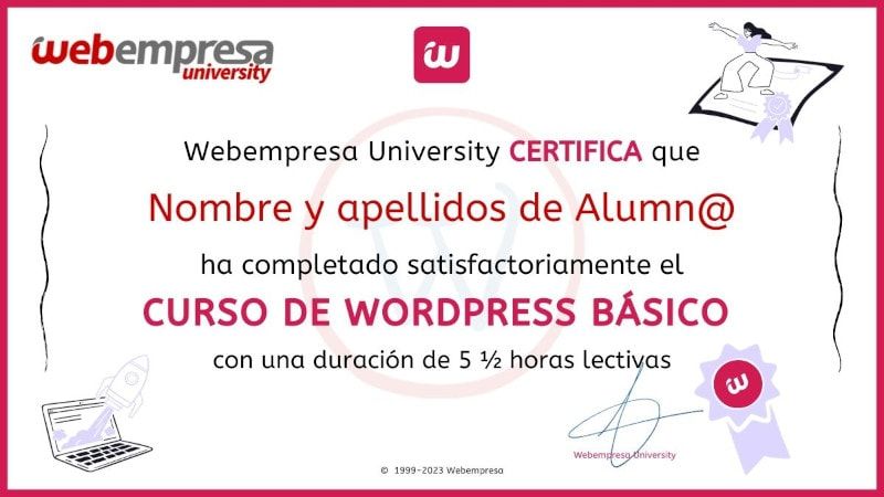 Modelo de Certificado Webempresa University Curso WordPress basico 2023