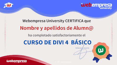 Modelo de Certificado Webempresa University Curso DIVI 4 Basico