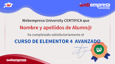 Modelo de Certificado Webempresa University Curso Elementor Avanzado