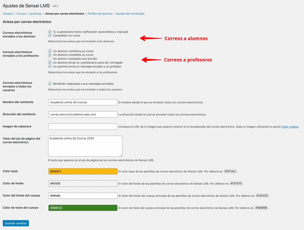 Ajustes de Avisos por correo electrónico