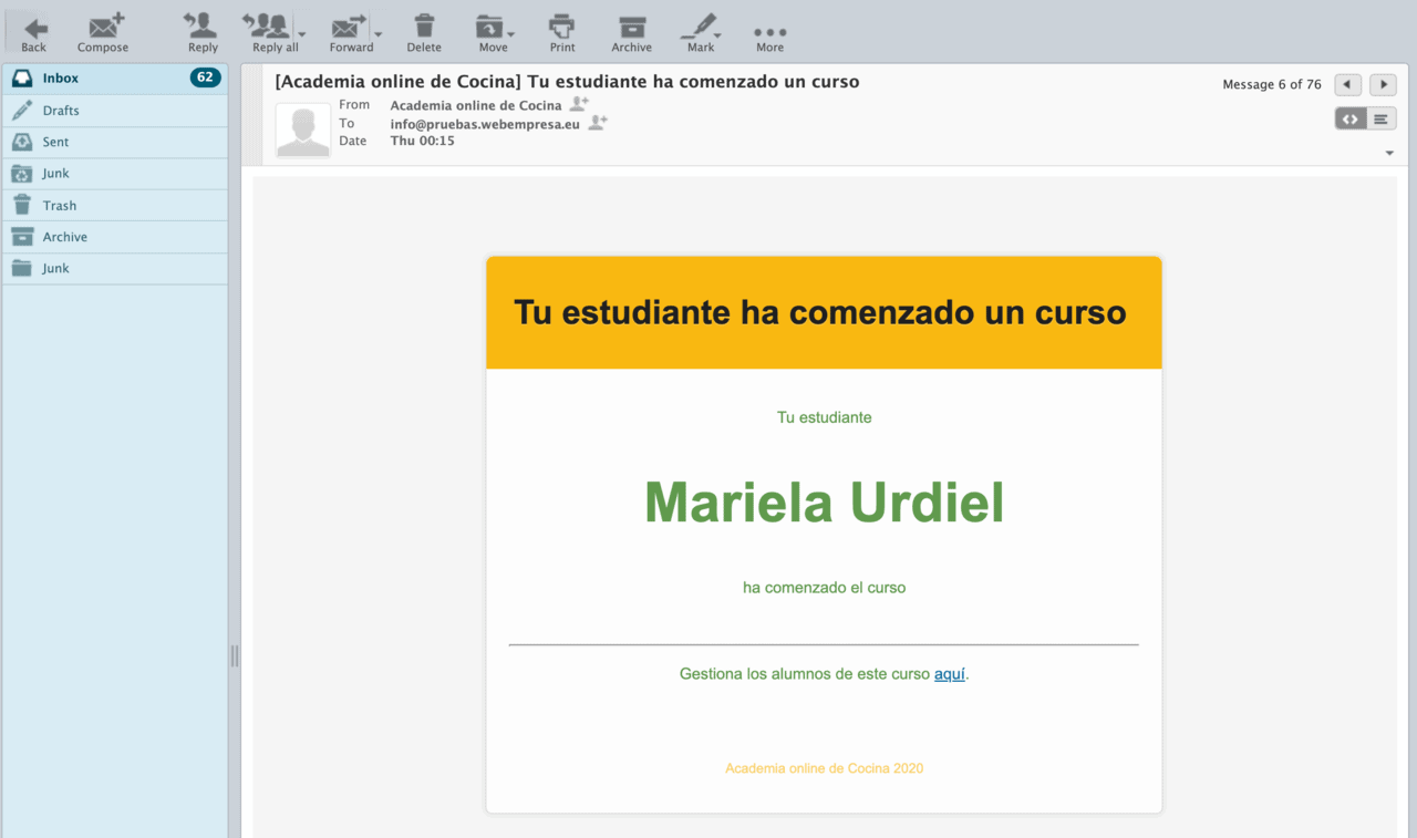 email recibido por el profesor o administrador del sitio cuando un alumno empieza un curso