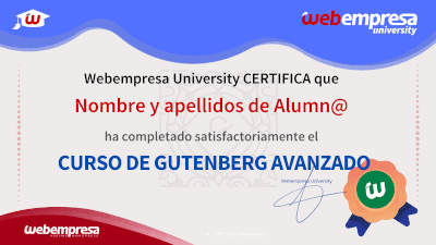 Modelo de Certificado Webempresa University Curso Gutenberg Avanzado